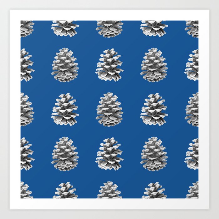 Monochrome Pine Cones Winter Blue Art Print