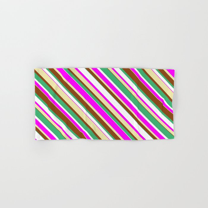Eye-catching Sea Green, White, Fuchsia, Pale Goldenrod, and Brown Colored Lined/Striped Pattern Hand & Bath Towel
