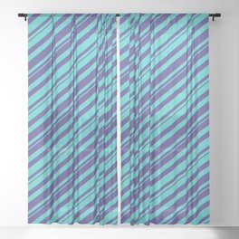 [ Thumbnail: Dark Slate Blue and Turquoise Colored Striped/Lined Pattern Sheer Curtain ]