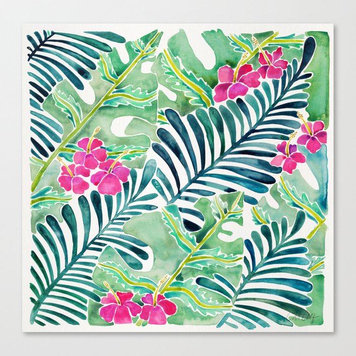 Lush Tropical Fronds & Hibiscus Canvas Print