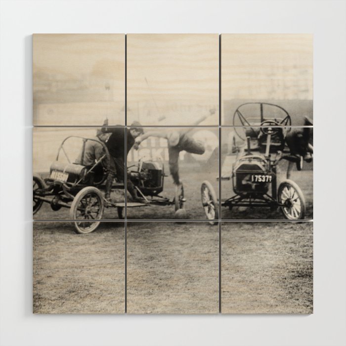 Boys being boys; Auto polo, Coney Island, New York, ca. 1913 black and white photograph - photography - photographs Wood Wall Art
