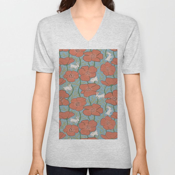 Dreamy Day - Poppies and Bunnies Pattern V Neck T Shirt