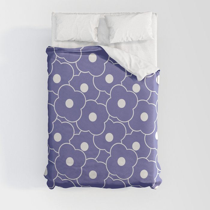 White Flowers on Very Peri Background Bold Minimalism Duvet Cover