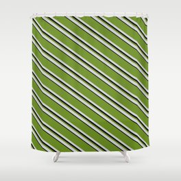 [ Thumbnail: Green, Light Grey, and Black Colored Pattern of Stripes Shower Curtain ]