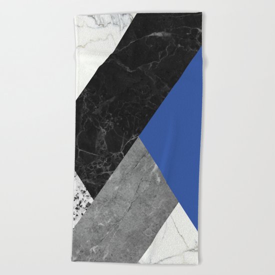 Black and white marbles and pantone lapis blue color Beach Towel