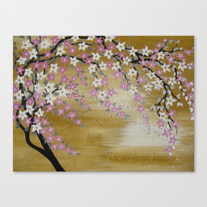 Tan Brown Pink White Beige Asian Tree Painting With Cherry