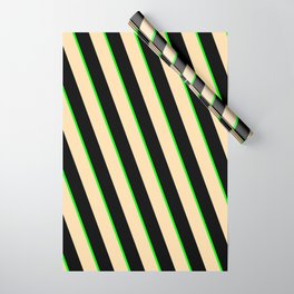 [ Thumbnail: Lime, Tan & Black Colored Lines Pattern Wrapping Paper ]