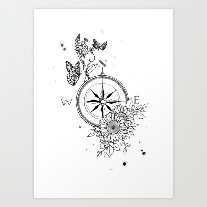 Floral Compass Tattoo Art Art Print by Fern and Fuchsia