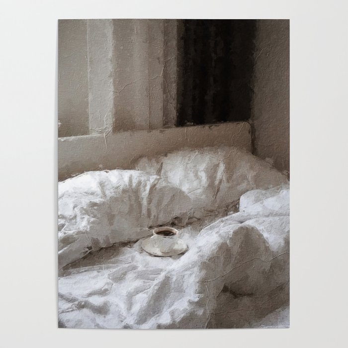 digital oil painting of a cozy morning in bed with coffee  Poster