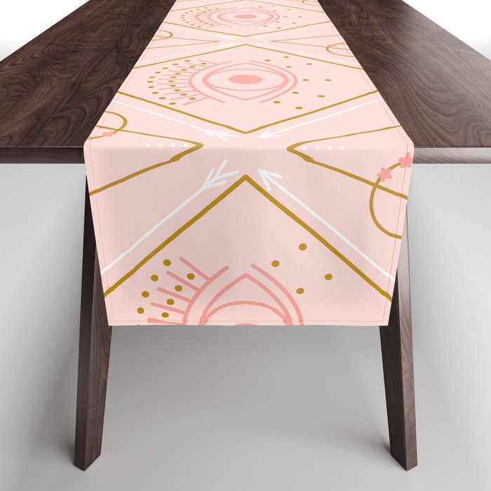 Pink and gold eyes and geometric elements in a seamless pattern design Table Runner