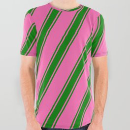 [ Thumbnail: Hot Pink and Green Colored Lined/Striped Pattern All Over Graphic Tee ]