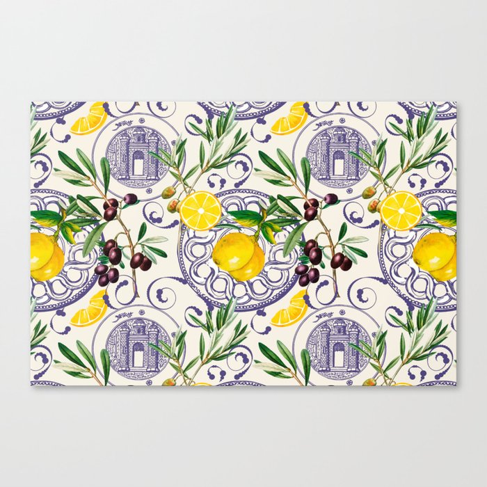 Mediterranean,Tuscan style,lemons,olives pattern  Canvas Print