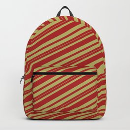[ Thumbnail: Red and Dark Khaki Colored Stripes Pattern Backpack ]