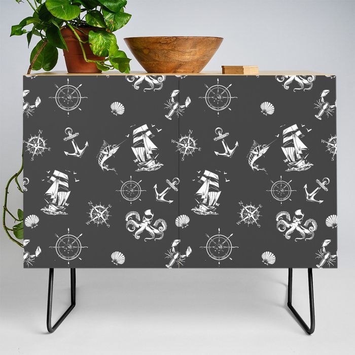Dark Grey And White Silhouettes Of Vintage Nautical Pattern Credenza