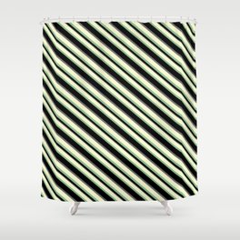 [ Thumbnail: Light Yellow, Dark Sea Green, Black, and Dim Gray Colored Striped Pattern Shower Curtain ]