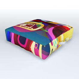 Colorful music instruments with guitar, trumpet, musical notes, bass clef and abstract decor Outdoor Floor Cushion