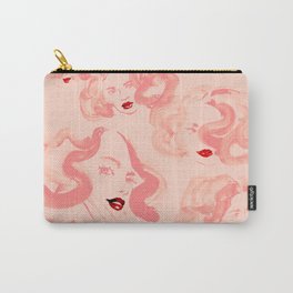 A pattern of glamorous girls with wavy hair - in colors of apricot and tea rose Carry-All Pouch | Female, Wave, Brush, Ornament, Curly, Painting, Fashionable, Lipstick, Fashion, Rose 