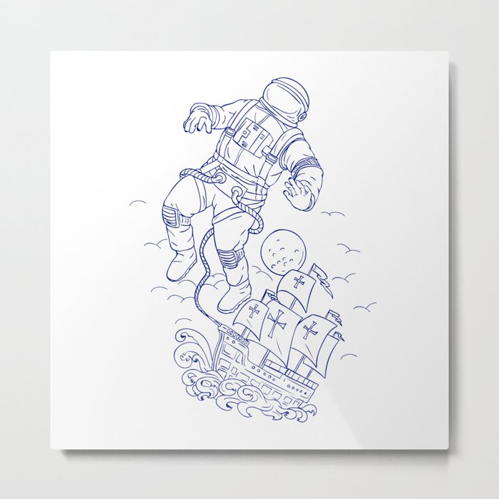 Astronaut Tethered Caravel Ship Drawing Metal Print