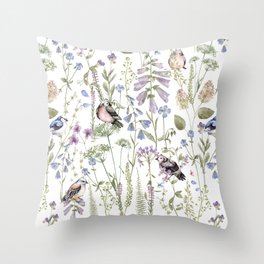 Hand Painted Watercolor Wildflowers And Birds Meadow Throw Pillow