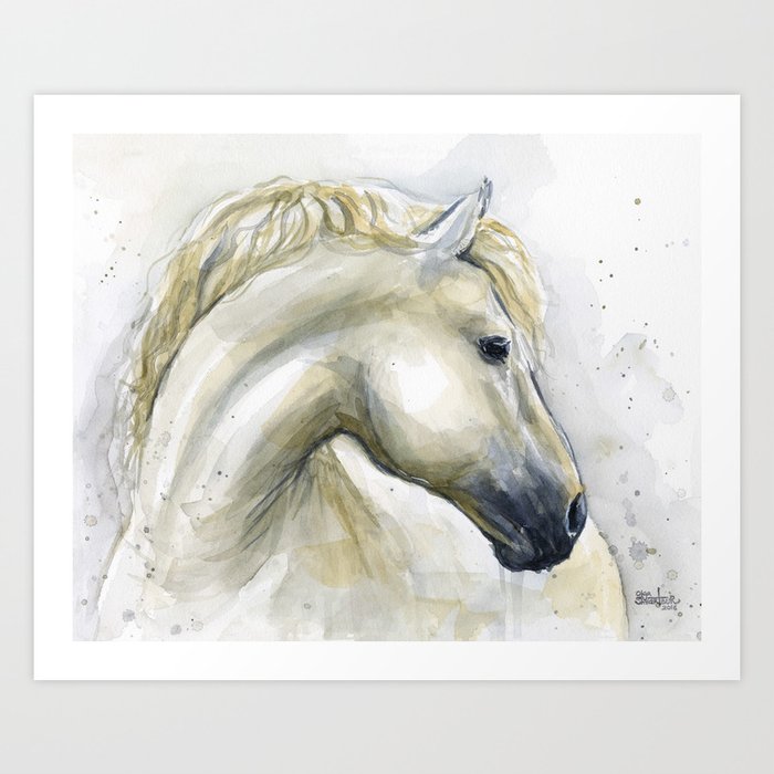 White Horse Watercolor Painting Animal Horses Art Print By Olechka