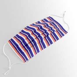 [ Thumbnail: Red, White, and Dark Blue Colored Stripes Pattern Face Mask ]