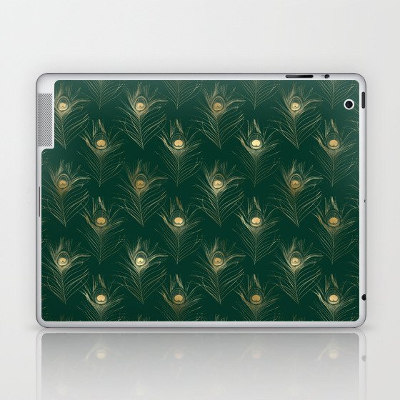 Gold Green Peacock Feathers Pattern Laptop & iPad Skin