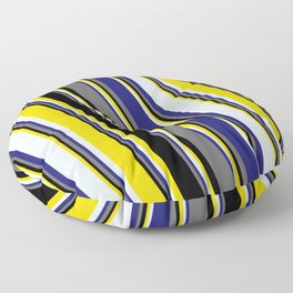 [ Thumbnail: Yellow, Light Cyan, Midnight Blue, Dim Grey & Black Colored Striped Pattern Floor Pillow ]