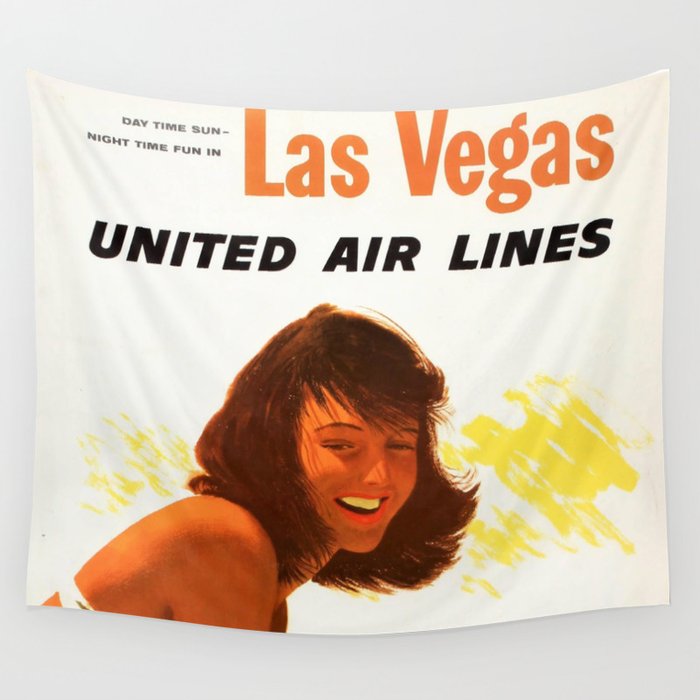 Vintage Las Vegas United Air Lines Travel Poster "Day Time Sun Night Time Fun" Wall Tapestry