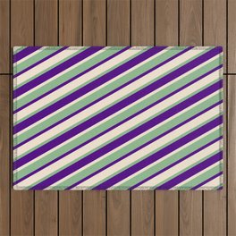 [ Thumbnail: Dark Sea Green, Indigo, and Beige Colored Lines/Stripes Pattern Outdoor Rug ]