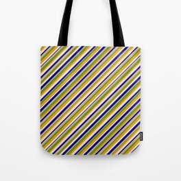 [ Thumbnail: Vibrant Dark Blue, Tan, Green, Goldenrod & Bisque Colored Striped Pattern Tote Bag ]