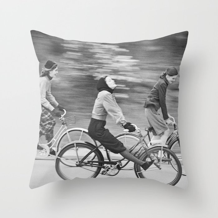 Women Riding Bicycles black and white photography / black and white photographs Throw Pillow
