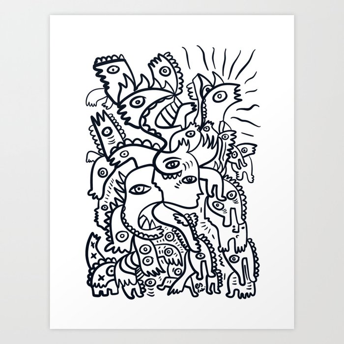 Creatures Are having a Party Black and White Graffiti Art Art Print