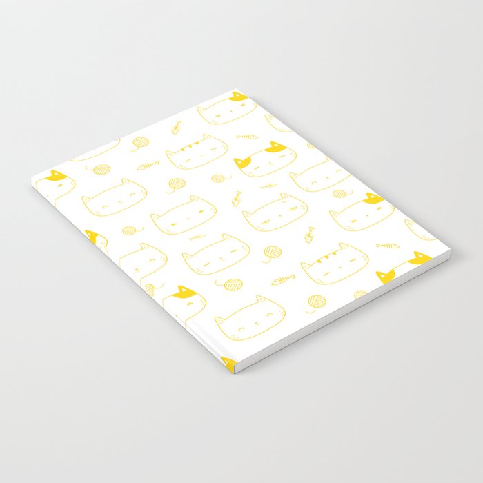 Yellow Doodle Kitten Faces Pattern Notebook