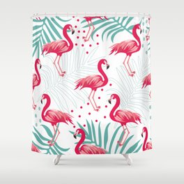 Seamless pattern with colorful pink flamingo and leaves Shower Curtain