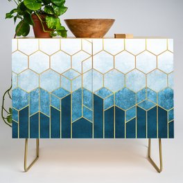 Cerulean Blue + Golden Hexagons Abstract Design Credenza