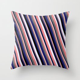 [ Thumbnail: Eye-catching Lavender, Light Coral, Dim Gray, Midnight Blue & Black Colored Striped/Lined Pattern Throw Pillow ]