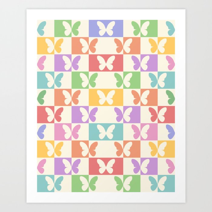 Retro Colorful Butterfly Checkered Pattern Art Print