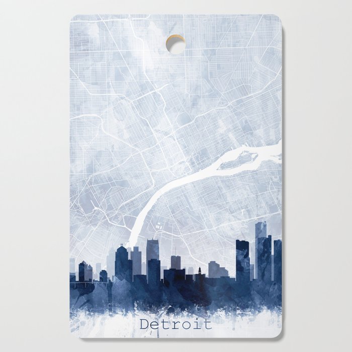 Detroit Skyline & Map Watercolor Navy Blue, Print by Zouzounio Art Cutting Board