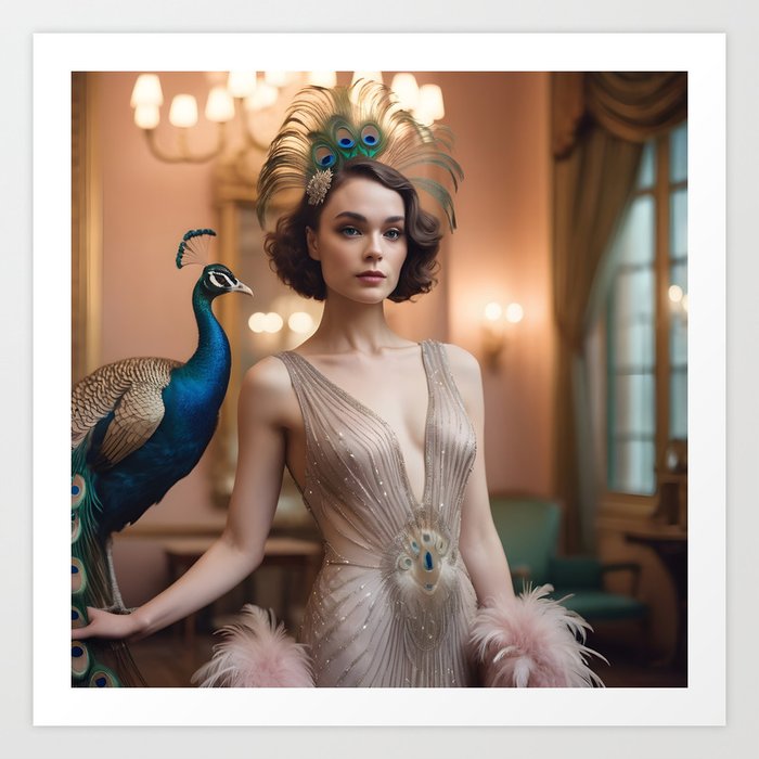 Vintage Glamour: Gatsby Girl and Peacock Art Print