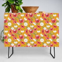 Daisy and Poppy Seamless Pattern on Mustard Background Credenza