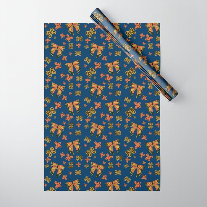 70 Style Folkart Butterfly -  Yellow Orange Navy Blue Wrapping Paper | Graphic-design, Butterfly, Butterflies, Pattern, Moth, Insect, Rhopalocera, Monarch