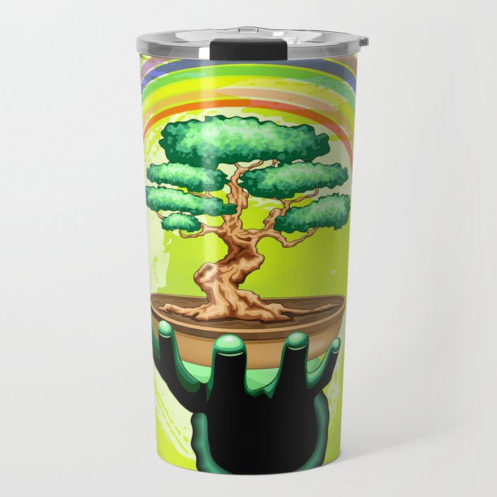 Bonsai Tree and Rainbow on Green Hand - Protecting Nature Travel Mug