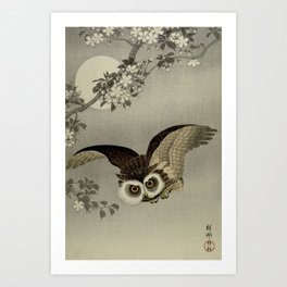 Japanese Owl and Moon Art Print