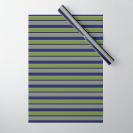 [ Thumbnail: Midnight Blue, Grey & Green Colored Lines/Stripes Pattern Wrapping Paper ]