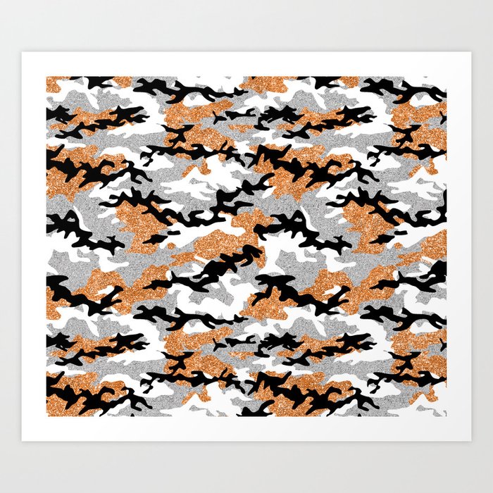 Faux Glitter Orange Camouflage Art Print