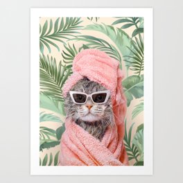 BEVERLY HILLS CAT Art Print | Photo, Cat, Curated, Beverlyhillshotel, Green, Luxery, Fun, Bath, Leaves, Pastel 