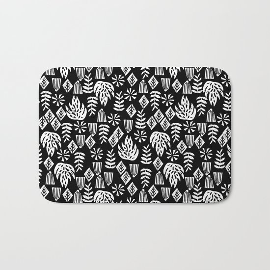 Tropical linocut tribal island pattern scandinavian art print black and white minimal Bath Mat
