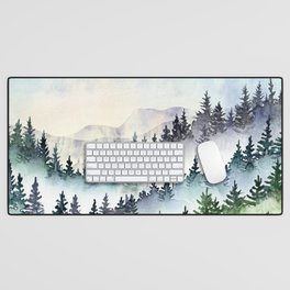 Misty Mountain Pines - Foggy Forest Watercolor Painting Desk Mat