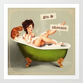 Gin & Chronic: Pin Up Girl & Cat Art Print