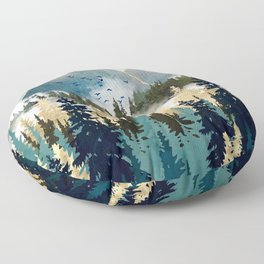 Misty Pines Floor Pillow | Mist, Blue, Contemporary, Trees, Digital, Boho, Nature, Wilderness, Landscape, Abstract 
